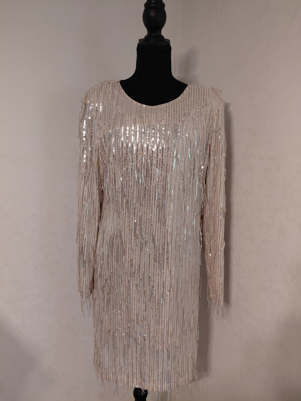 Eliza J Ivory Sequin Fringe Long-Sleeve Shift Dress